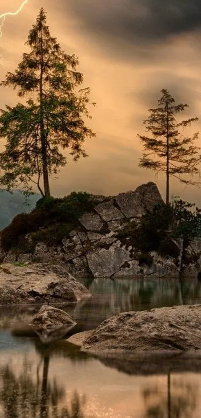 Lightning striking over a serene forest scene with rocky reflections.