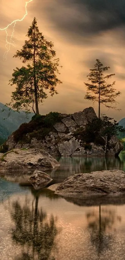 Trees and lightning reflected in a calm lake with an orange sky.