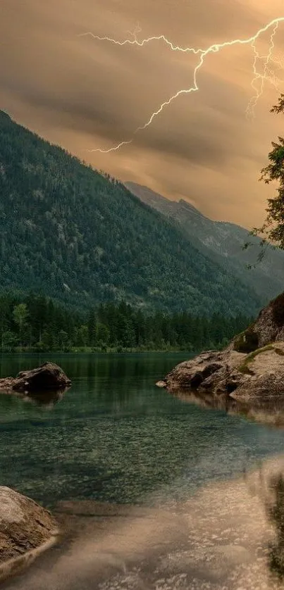 Mountain landscape with lightning in serene natural setting.