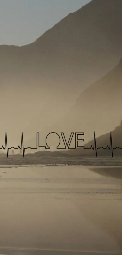 Minimalist 'Love' heartbeat on misty mountain and lake wallpaper.