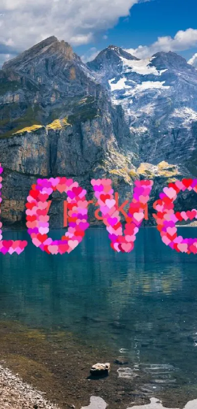 Mountain landscape with 'Love' text in pink floral design.