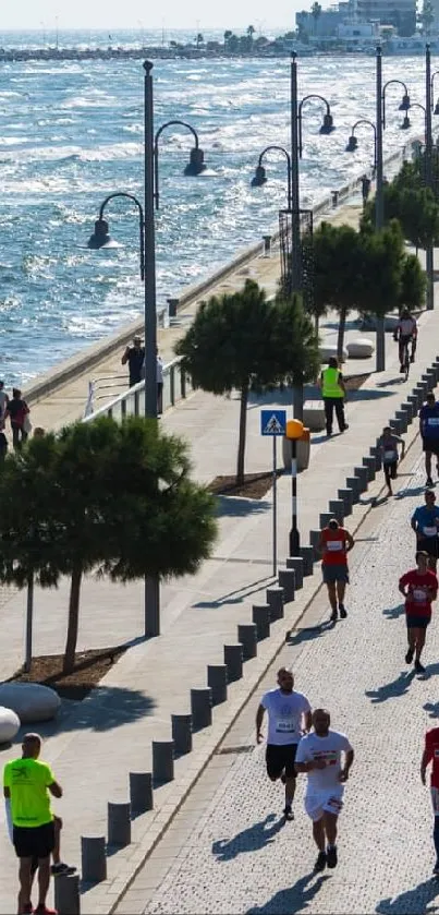 Marathon runners along Larnaka's scenic seaside path with ocean views.