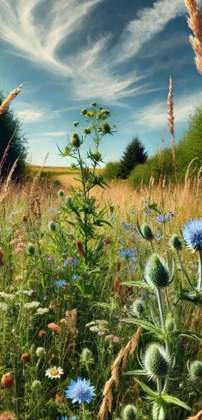 A vibrant meadow with colorful wildflowers under a blue sky.