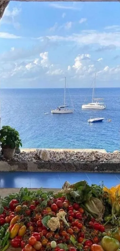 Mediterranean window view with sea and boats, vibrant produce inside.