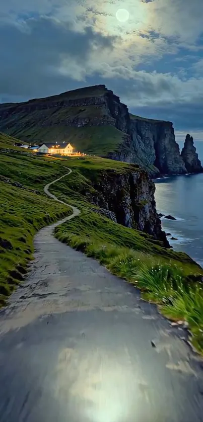 Moonlit coastal path with cliffs and ocean at night.