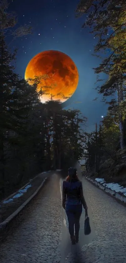 Woman walking on a moonlit forest path.