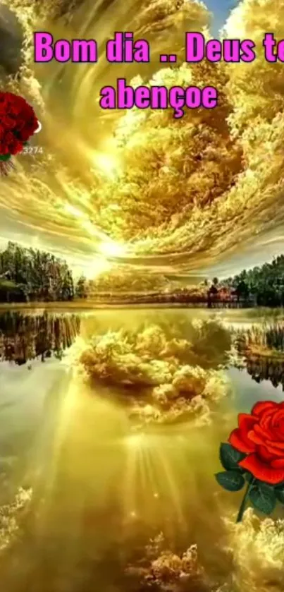 Morning blessings landscape with red roses, serene lake, and golden clouds.