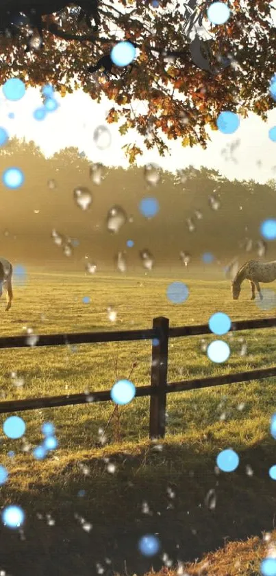 Pastoral morning scene with horses and bokeh effects under autumn leaves.