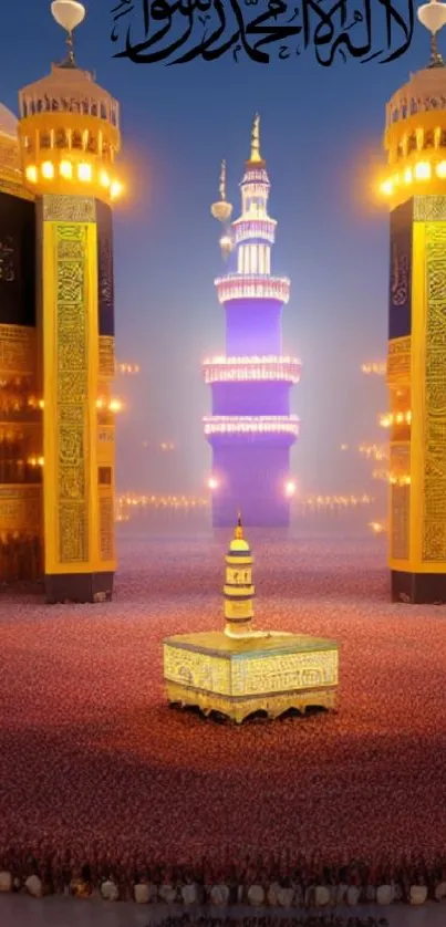 Majestic golden mosque at sunset with vibrant evening sky.