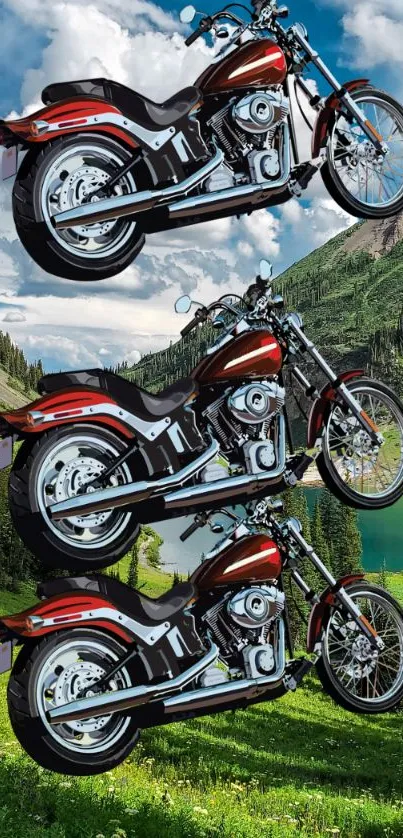 Motorcycles on a scenic mountain landscape with lush green surroundings.