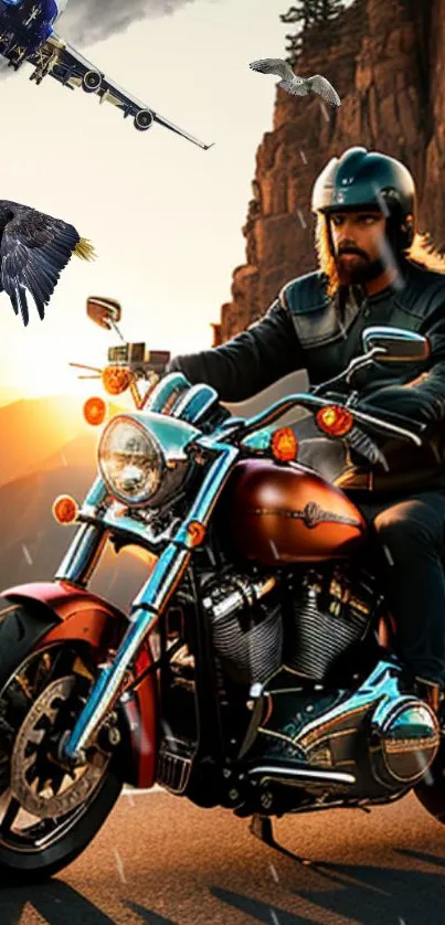 Man riding motorcycle at sunset with eagles and scenic mountains.