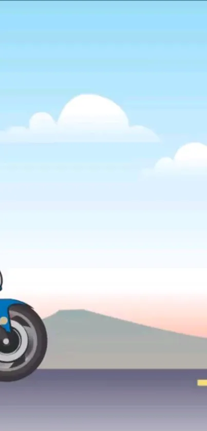 Illustrated blue motorcycle on open road, backgrounded by sky.