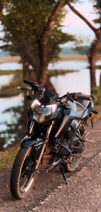 Motorcycle parked by a serene river road shaded by trees.