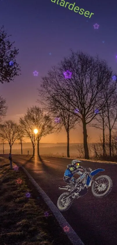 Motorcycle at sunset on a scenic road.