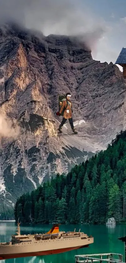 Hiker on a mountain with a cabin and ship, serene scenic view.