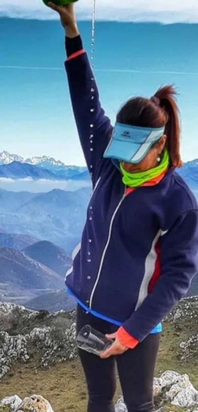 Person pouring drink on mountain with scenic background.