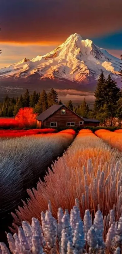 Snow-capped mountain with colorful sunset and fields