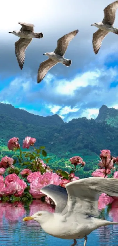 Mobile wallpaper of a serene mountain, lake, and flying birds.