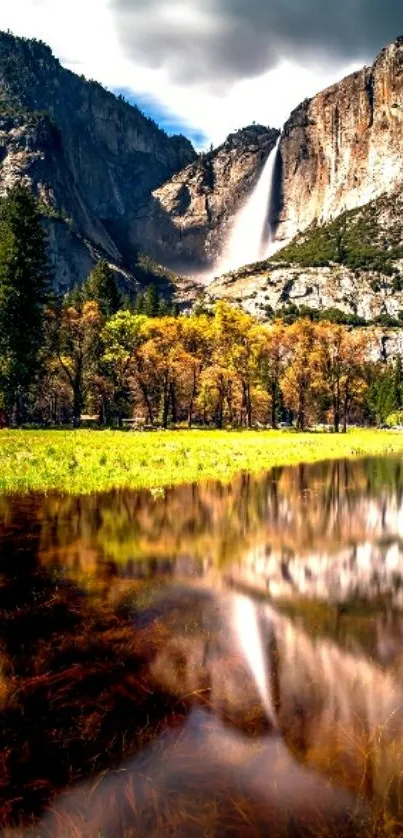 Majestic mountain with waterfall reflected in a serene lake.