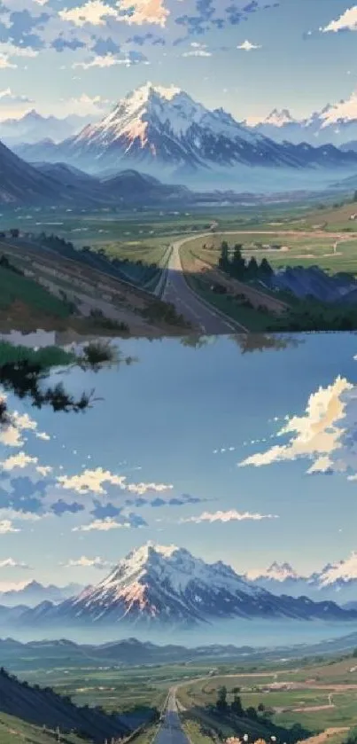 Anime wallpaper featuring scenic mountains and lush valleys under a serene sky.