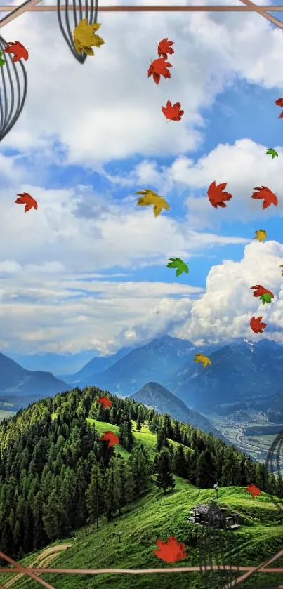 Green mountain with colorful autumn leaves against a blue sky.