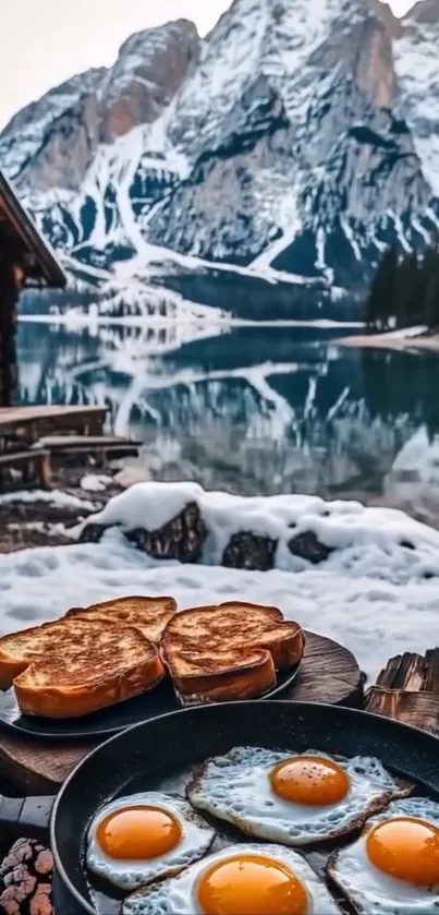 Breakfast with mountain and snowy landscape in the background.