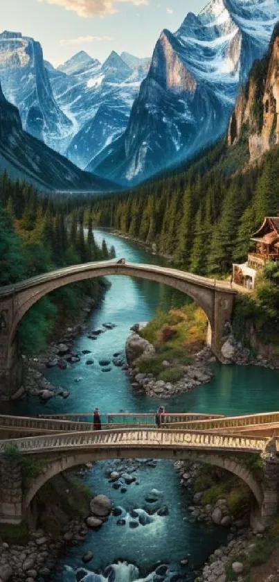 Scenic mountain landscape with bridge and river.