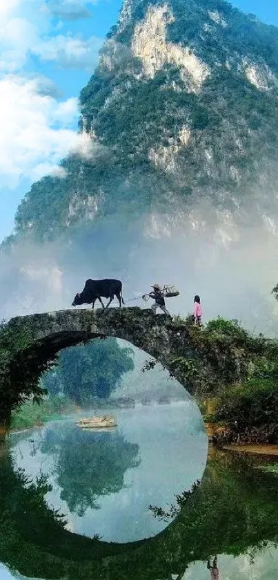 Scenic mountain bridge with reflection on a calm river.