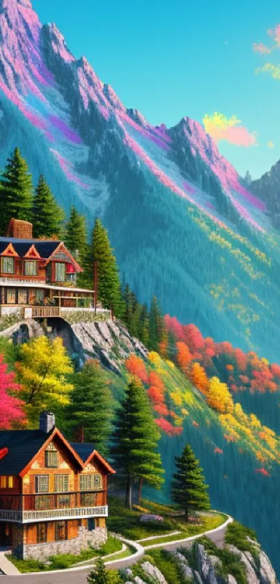 Mountain cabins amidst colorful trees and towering peaks.