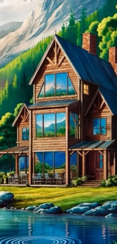 Wooden cabin by a lake with mountains and lush trees.