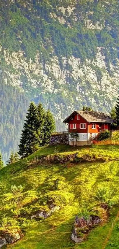 A cozy cabin on lush green hills with scenic mountain views.