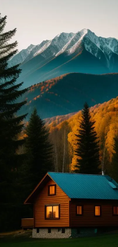 Sunrise over a mountain cabin in a forest setting.