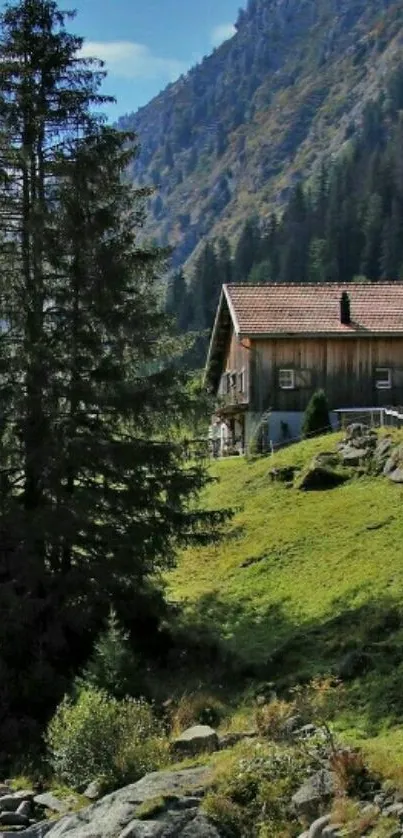 Tranquil mountain scene with cabin and lush greenery.