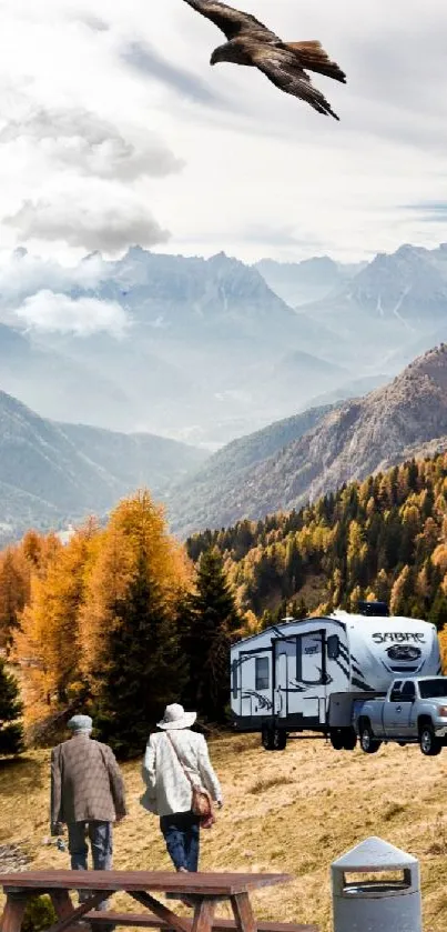 Couple camping in golden mountain landscape with soaring bird.