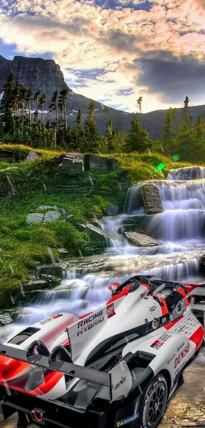 Car in vibrant mountain landscape with flowing waterfall.