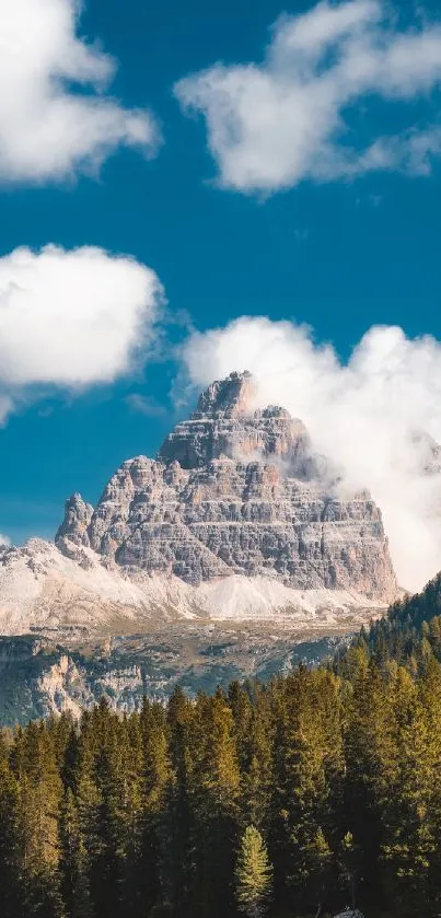 Mountain landscape with blue sky and clouds on mobile wallpaper.