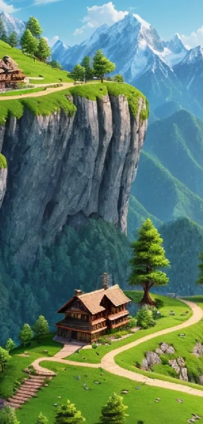 Stunning mountain scenery with cottages on a green cliff and blue sky.