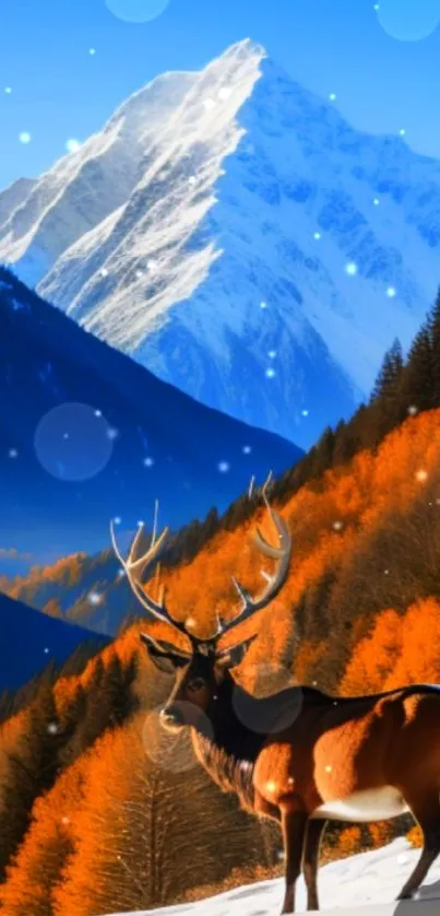 Majestic deer in front of snowy mountain with orange autumn trees.