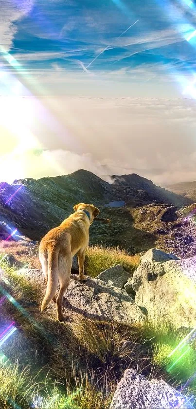 Dog gazing over scenic mountain landscape under blue sky.