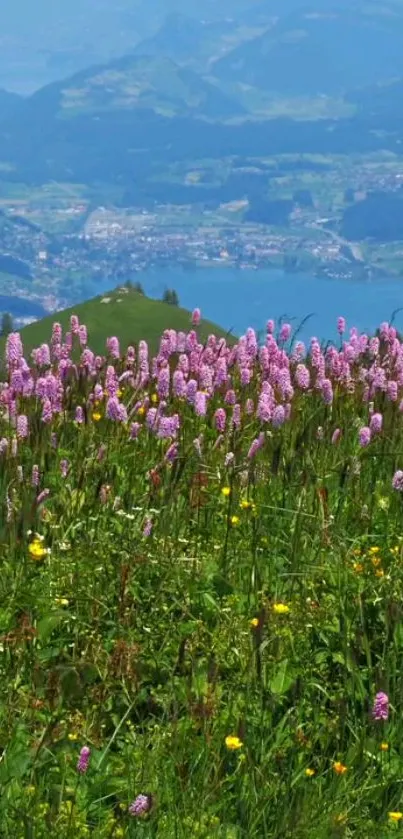 Scenic field with pink flowers and mountain view wallpaper.