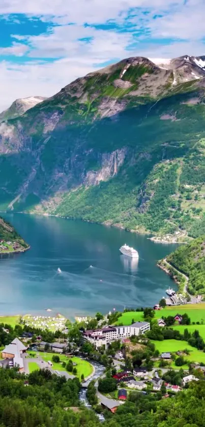 Scenic view of a peaceful fjord among towering mountains and lush green hills.