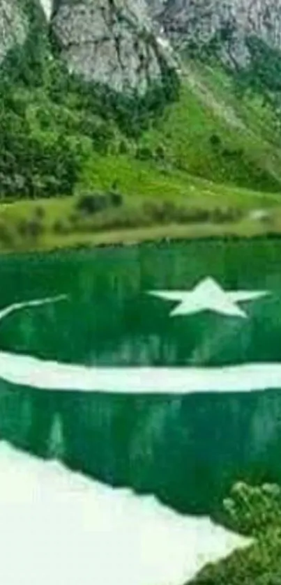 Mountain lake with flag reflection in water.