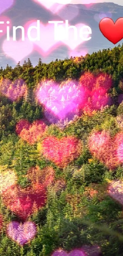 Lush green mountain landscape with a heart design.