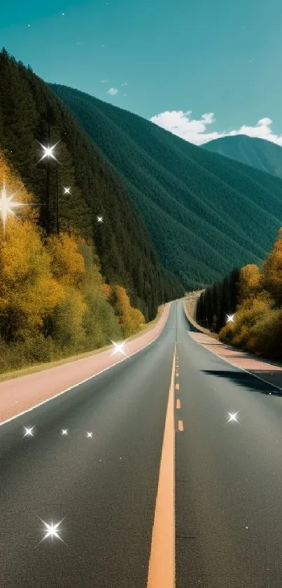 Tranquil mountain highway under a bright sky with lush forests on both sides.