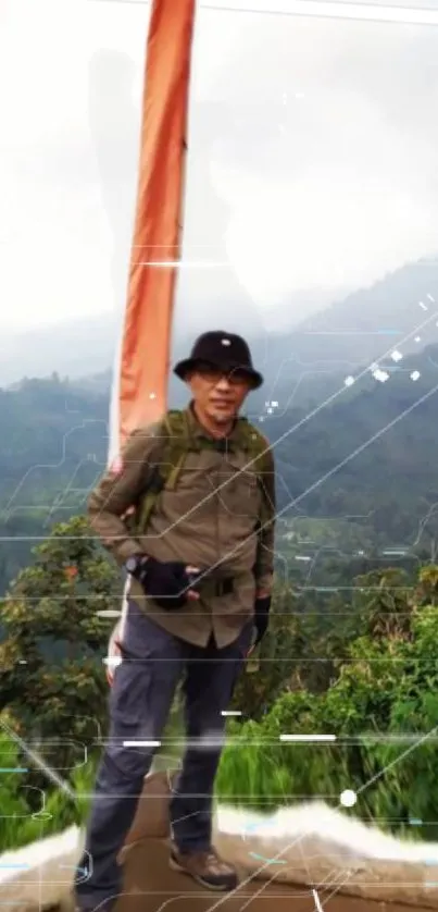 Person hiking on a mountain with lush green scenery, carrying a flag.