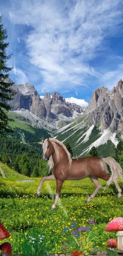 Horse in vibrant meadow with mountains and blue sky.