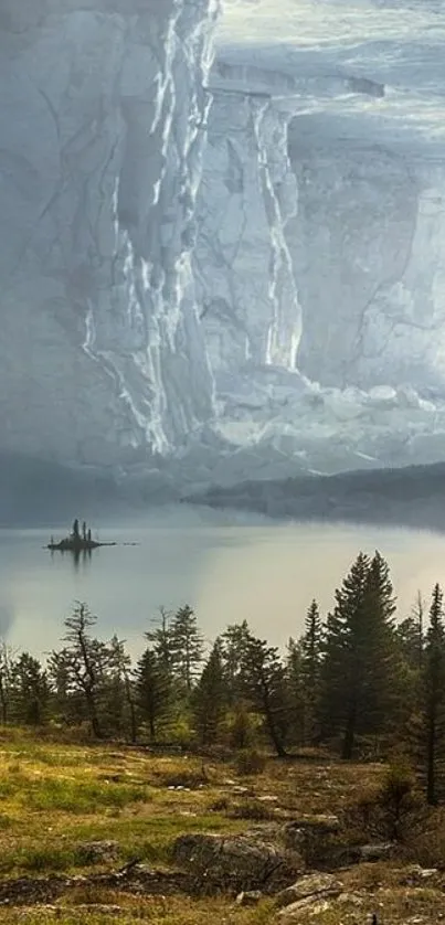 Breathtaking mountain with icy formations reflecting on a serene lake.