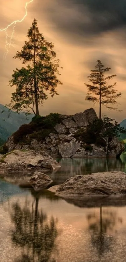 Lightning over scenic mountain lake with reflective water and dramatic skies.