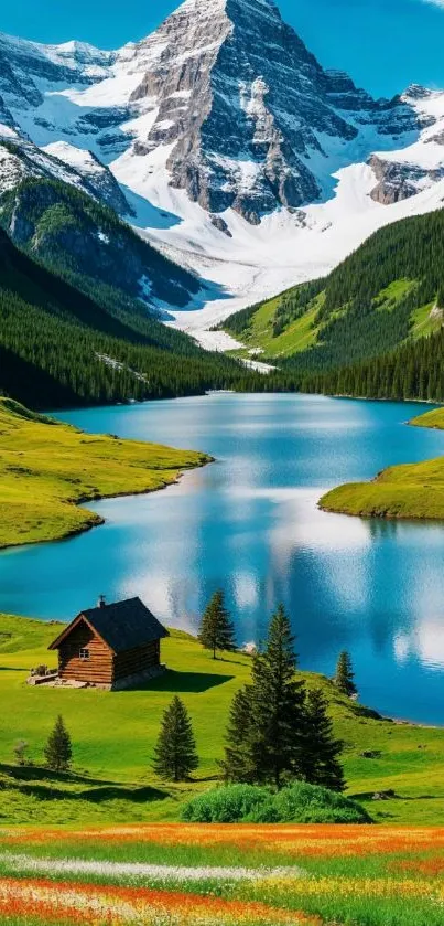 Scenic mountain lake with cabin and snowy peaks.