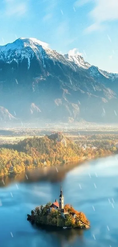 Scenic view of a lake with mountains and an island under a blue sky.